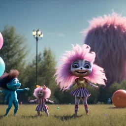 Ultra realistic circus scene. Sweet hair monster and Child’s playing, smile, happy, color bubbles, smooth color, waist up view, Wes Anderson style, dark ambient, highly detailed, concept art, unreal engine 5, god rays, ray tracing, RTX, lumen lighting, ultra detail, volumetric lighting, 3d, finely drawn, high definition, high resolution.