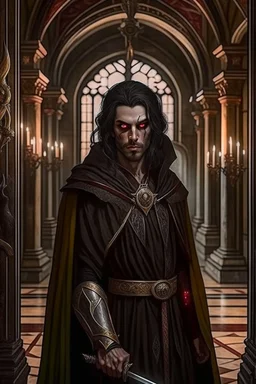 full length, mantle, background dark hall with columns, black cloth, spear in left hand, dark green eyes, the character is not too close to the camera