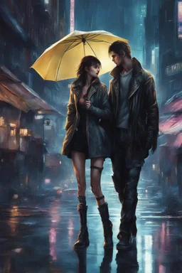 Science fiction, cyberpunk, city street, couple girl and guy, together, love at first sight, kiss in the rain