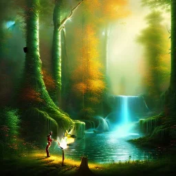 romantic fantasy spray painting, loosing torch in magical forest by waterfall