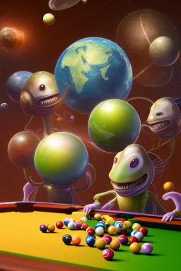 2 Aliens are playing pool and laughing. the balls on the table are planets. The main ball is planet earth. High resolution, 3d render and 8k