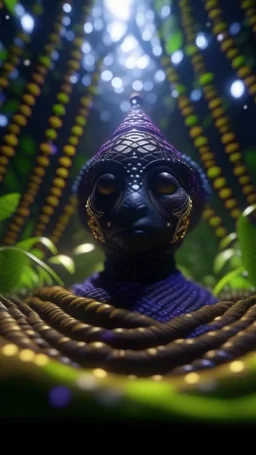 close up portrait of a happy blessed buffalo soldier space alien mega structure woven into a sacred geometry knitted tapestry hammock over an ant hill in the middle of lush magic jungle forest, bokeh like f/0.8, tilt-shift lens 8k, high detail, smooth render, down-light, unreal engine, prize winning