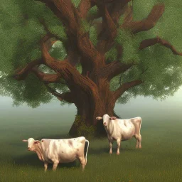 Cows together in the shade of a tree in their pasture, two sitting and one standing.