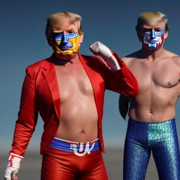 realistic image of donald trump as a mexican wrestling fighter posing outdoors, Mexican wrestling mask, red and blue breeches, suspenders, retro style, 80s, vibrant color, highly detailed, sky background, concept art, unreal engine 5, god rays, ray tracing, RTX, lumen lighting, ultra detail, volumetric lighting, 3d, finely drawn, high definition, high resolution.