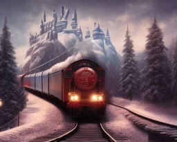 landscape of a vintage red train pulling into a station, hogwarts express, platfrom 9 3/4, dynamic lighting, dynamic movement, DSLR, panorama, wide-angle lens, perspective