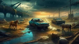 Carretera destruida cubierta de agua donde emergen coches antiguos semihundidos, un caballo salvaje camina entre ellos bajo un cielo tormentoso, escena épica de mundo colapsado, pintura digital estilo cine postapocalíptico