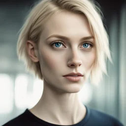 ultra realistic photograph of a very thin young woman with short blonde hair and blue eyes wearing a loose black teeshirt