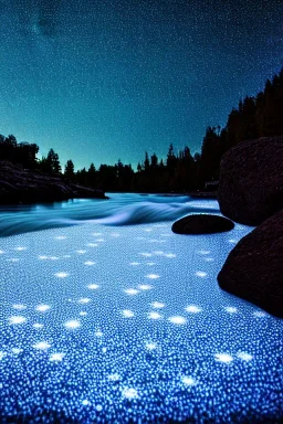  eau riviere, rocher avec mousse, petis cristaux, éclairage ambiant ciel étoilé.