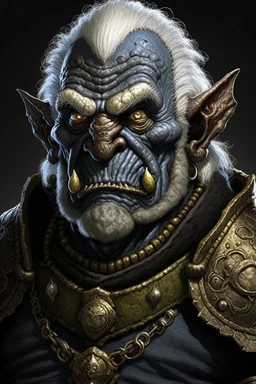 Portrait of an old half-orc, malevolent look, blue eyes, salt and pepper hair, wearing and heavy armor