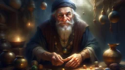 Fantasy digital illustration: strange-looking old merchant, from the 17th century, who has a handful of magic beans