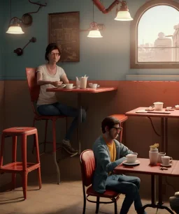 Realistic scene, American shot view, 0 gravity, levitating man and woman sitting in cafeteria and having breakfast, Wes Anderson, soft color, highly detailed, unreal engine 5, ray tracing, RTX, lumen lighting, ultra detail, volumetric lighting, 3d, finely drawn, high definition, high resolution.