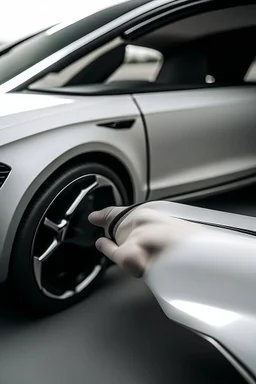 A car that has one hand attached on the outside