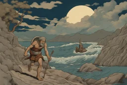 digital painting of the odyssey quest with the mythos cyclops by homer, in the style of hokusai and van gogh