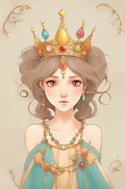 The spirited princess, known for her adventurous spirit. She would wear a vibrant and stylish dress, with a touch of playfulness. Her crown would be a dainty and whimsical circlet, adorned with colorful gemstones.