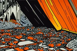 An orange colored underground mine with crystals and lava painted by Roy Lichtenstein