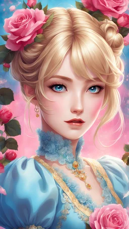 Please create an illustration of a pretty anime girl with a shiny golden chignon hair. She should be wearing a light blue Victorian dress and have beautiful lovely eyes. The illustration should depict the girl in a full body view with vivid colors. She should be surrounded by pink roses to create a lovely and enchanting atmosphere.