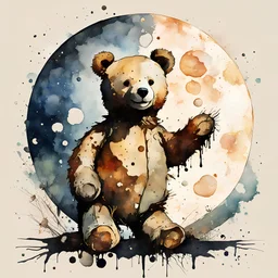 Impressionistic watercolor of a discarded Teddy Bear with stuffing falling out, vision inside a moon, double exposure splash art, watercolour and pen, Layered Inside, merged Painterly styles by Photoshop, transparency layers bleeding through, Style Andreas Lie and adrien ghenie and Norman Lewis, moody, nostalgic, memento mori, negative space, ink leak