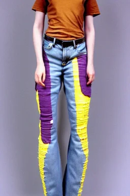 Photograph of a woman. Low waist jeans!!!Baggy, 1996!Huge plant prints on denim,terracotta,cream,purple,lilac. Cream colored latex parts. imperial yellow, red plum stripes, only on the top half of t-shirt. European daft punk woman. Mantle is sewed of recycled Denim and sewed together of recycled polymer felt. lace, Yellow(Munsell) areas. hint of orange as effect color!!Big bright purple/khaki felt tippet and cream or blue or lilac colored-hood. mantle is merged with cobalt boler