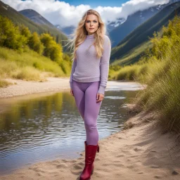 country side ,blue sky , mountains, pretty clouds ,small river with clear water and nice sands in floor,beautiful 18 year old girl with ash blonde hair and blue eyes with her curvy hair down, wearing a long-sleeved woollen top, and lilac long leggings, with long red boots full body standing pose shot