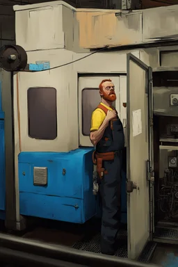 an angry man in factory, Simon Stålenhag cartoon style