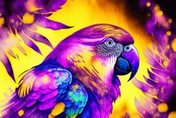 parrot-phoenix mix birds, a picture of togetherness, death, resurrection, purple in sunshine, watercolor and black ink outlines, sparkling golden glitter, ethereal, cinematic postprocessing, bokeh, dof