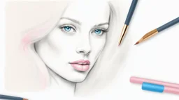 the artist's hand draws a portrait of a blonde woman, charcoal, pencil, pink lips, blue eyes, fine drawing, hand with a brush