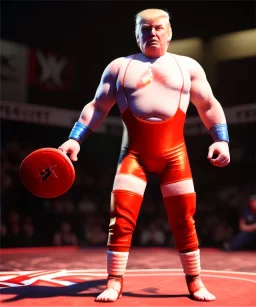 Wrestler Donald trump, wrestling, sweat, blood, red breeches, suspenders, stars, retro style, 80s, hot ambient, photo studio, vibrant color, gradient, highly detailed, art stations, concept art, smooth, unreal engine 5, god rays, ray tracing, RTX, lumen lighting, ultra detail, volumetric lighting, 3d, finely drawn, high definition, high resolution.