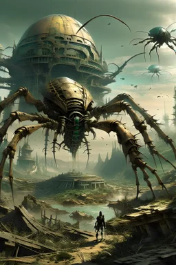 ruins of an alien city defended by a giant cyborg insect