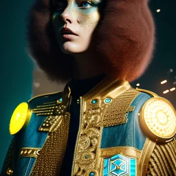 medium shot portrait, a monstress, wearing a denim jacket, realistic face, soft, red spiked hairstyle, delicate, green square eyes, intricate gold details on face, cyberpunk, powerful, horror, sharp focus, octane render, post-processing, epic composition, elegant, studio lighting, fiona staples, mandy jurgens, david finch, guillermo del toro