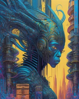 A cyberpunk cityscape inspired by H.R. Giger's biomechanical art, infused with the vivid colors and intricate patterns of Kehinde Wiley's portraits, populated by sentient AI creatures.