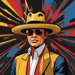 Gustavo Petro, comic style artwork, dark yellow, black, red and blue, with wide-brimmed hat, with white shirt, calm