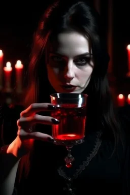 4k full details full lights femme vampire, yeux rouges, tient un verre en main avec du sang