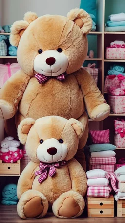 A picture of big teddy sit on middle of baby shop or baby store