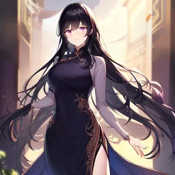 Clear focus,High resolution, Black long fluffy hair, and purple eyes, wearing a chinese dress, cute