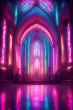 a look from the inside of a whimsical holographic furry neon bright cathedral, hyper realism, photo realism, realistic lighting, realistic color grading