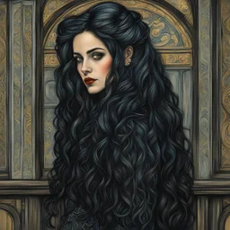 create a 3/4 profile, full body oil pastel of a dark haired, savage, ornately dressed, gothpunk vampire girl with highly detailed , sharply defined hair and facial features , in a smokey 19th century train station in the Pre-Raphaelite style of JOHN WILLIAM WATERHOUSE