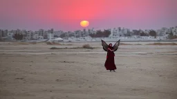 A Palestinian girls have wings wearing an palestinian dress in gaza during sunset in winter.