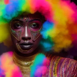 full body shot, masterpiece, best quality, man of median age, black skinned, sparkling eyes, fluorescent skin, colorful makeup, afro, highly detailed body, afrofuturism, scifi, sun light, 4K, RAW, depth of field, high contrast, realistic details, 24mm