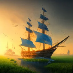 blue transparent ship on the left, green meadow, sunset, photorealistic, 8k