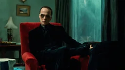 matrix, neo sitting on red old skinny chair, in the room from the movie, chooses red or blue pill, given to him from morpheus,