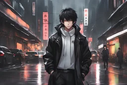 1 boy? Bob hair, black hair, face mask, elegant, bangs, gloomy, gothic, modern Chinese city, black and white husky dog on leash, beautiful hands, big eyes, black sports stylish suit, white sneakers, in 8k anime cgi drawing style, neon effect, close picture, rain, highly detailed, high details, detailed portrait, masterpiece, ultra detailed, ultra quality, large tv, neon lights