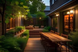 townhouse evening terrace in the green backyard