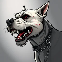 left facing head of angry Terrier dog with blood shot eyes and bloodied teeth, a ball chain collar around neck, a chain leash attached to collar, vector