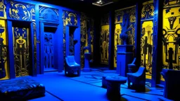 A dark blue chaotic realm with pixies designed in ancient Egyptian architectures and sculptures painted by Andy Warhol