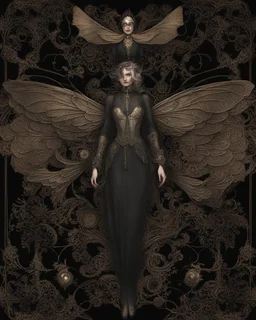 gothic, steampunk delicate metal woman, moth, wings, black background