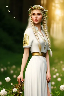 young elf woman, countryside, blonde braids, trees, magic, motif, white dress, cinematic, forrest, happy, 3d art, alfons mucha, photography, smile, nature