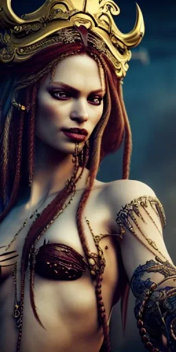 portrait of Pirate Queen, gorgeous, stunning, intense, intricate details, photo realistic, finely detailed outfit, extremely ornate, octane render, Unreal Engine, by Weta Digital, by Wêtà FX, by WLOP, Cinematic, Color Grading, Editorial Photography, Photography, Photoshoot, Shot on 70mm, Ultra-Wide Angle, Depth of Field, DOF, Tilt Blur, Shutter Speed 1/1000, F/22, Gamma