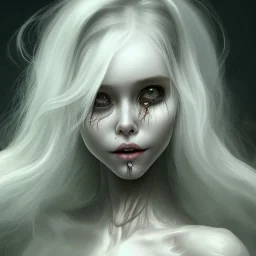 girl smiling,liquid guts, full body, creepy, horrifying, dreadful, sinister, smiling ghost, long white hair