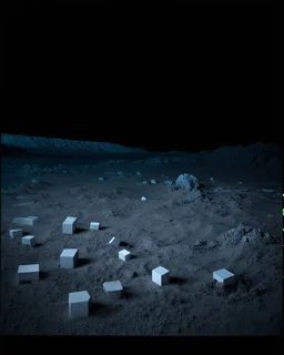 A photo of a dark, closed environment in a dark open space. There are white cubes scattered around the area. The surface below is sandy, with small accumulations of rocks. In the background, very sharp forms or structures are visible, some of which are white and blue and organic in appearance. The image has a glossy finish. The aspect ratio is 85:128 and the exposure value is 6.