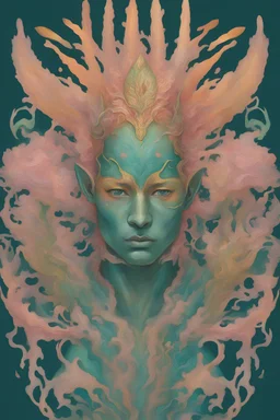 A fish-like man with orange and gold fins, pink coral coming out from his head like a crown, green flowing hair, teal skin, and dawning armor made by a goddess